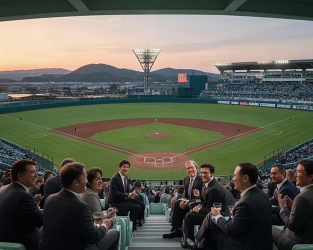 京丹後の球場で企業ゲストを迎える法人観戦席と夕方の野球場
