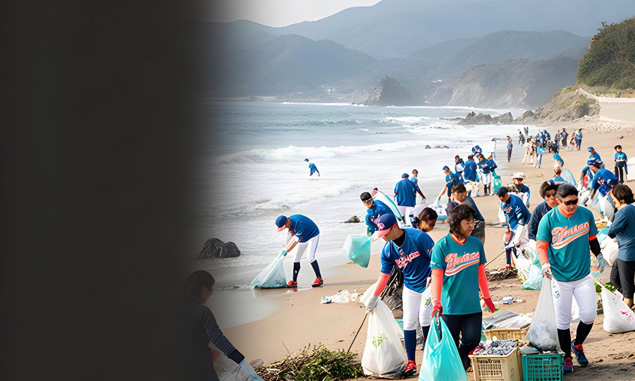 京丹後の海辺で選手と地域住民が清掃活動を行う風景