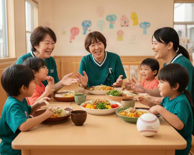 京丹後の地域施設でスタッフと子どもたちが食卓を囲み野球の話をしている様子