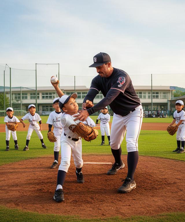 京丹後市の学校グラウンドで選手が子どもたちに投球を教える地域交流の様子