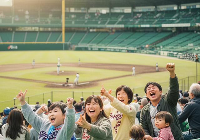 京丹後の球場で選手を応援する家族連れと緑のスタンド