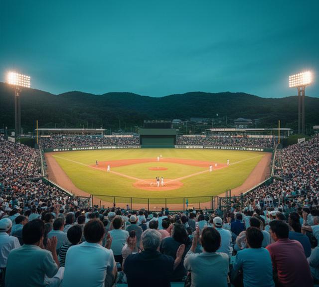 京丹後の球場で夕方の試合を見守る観客と照明に照らされたグラウンド