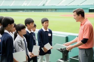 京都府北部の中学生が球場スタッフから試合運営を学ぶ様子