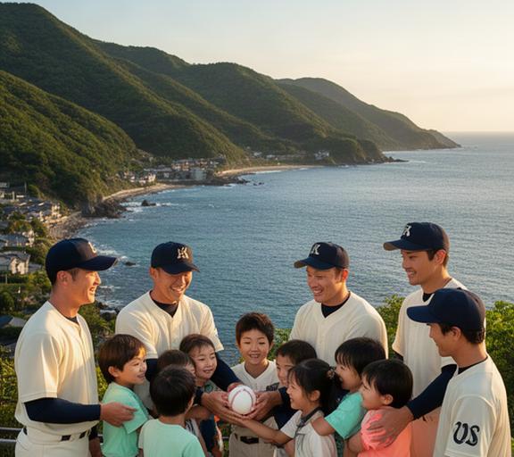京丹後の海と山を背景に地域の子どもたちと交流する野球チームの選手