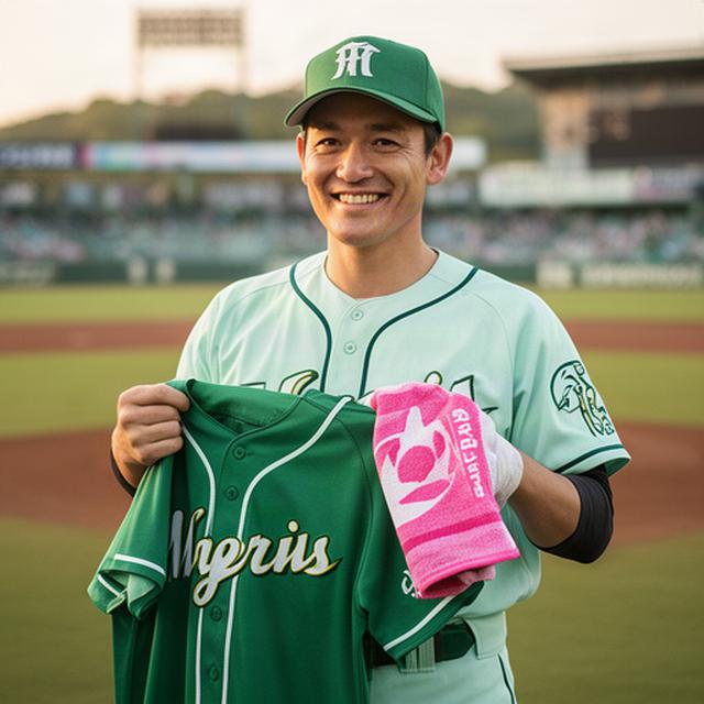 京丹後の球場で公式ユニフォームと応援タオルを手にするファン