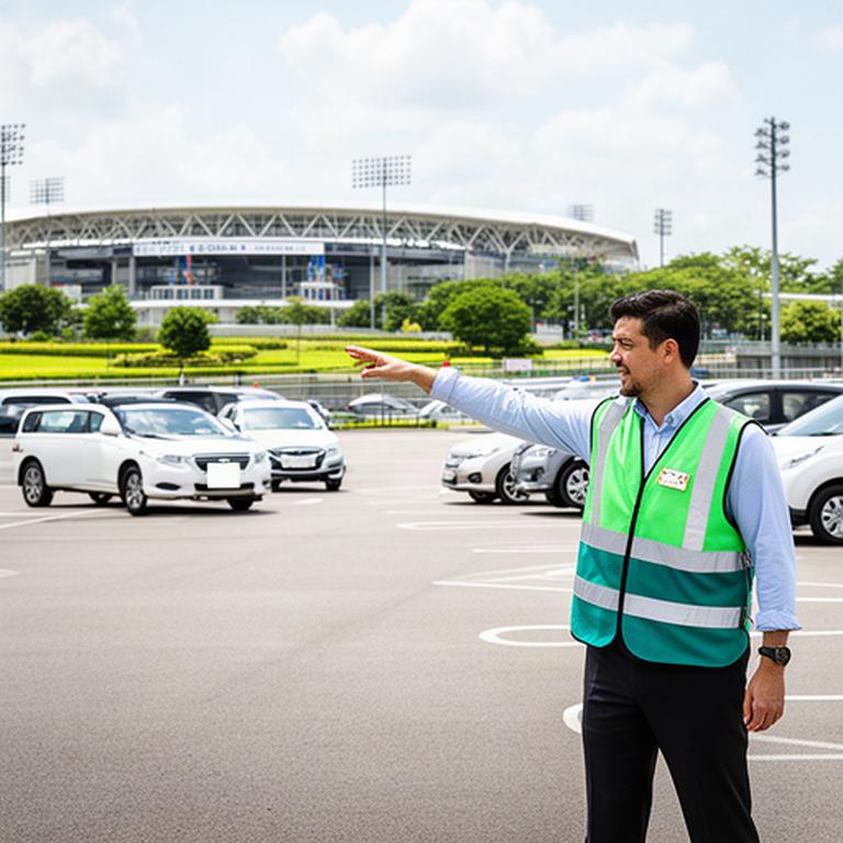 試合日に案内係が球場周辺の駐車場へ自家用車を誘導している様子